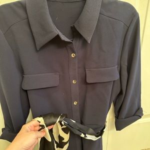 Zara navy blue shirt dress with tie at waist. Size L.